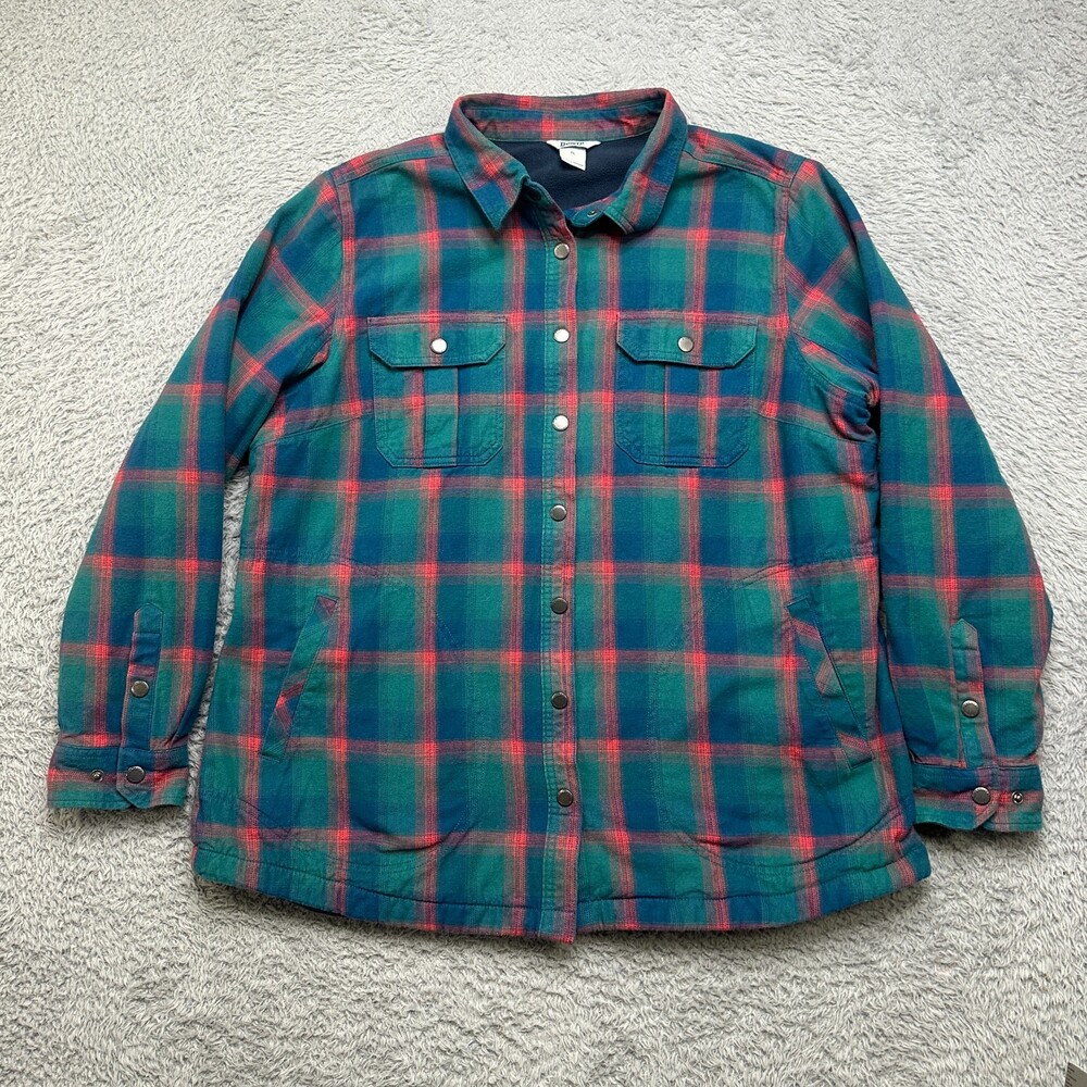 Duluth Trading Fleece Lined Flannel Jacket Womens XL Plaid Blue Red Snap Button